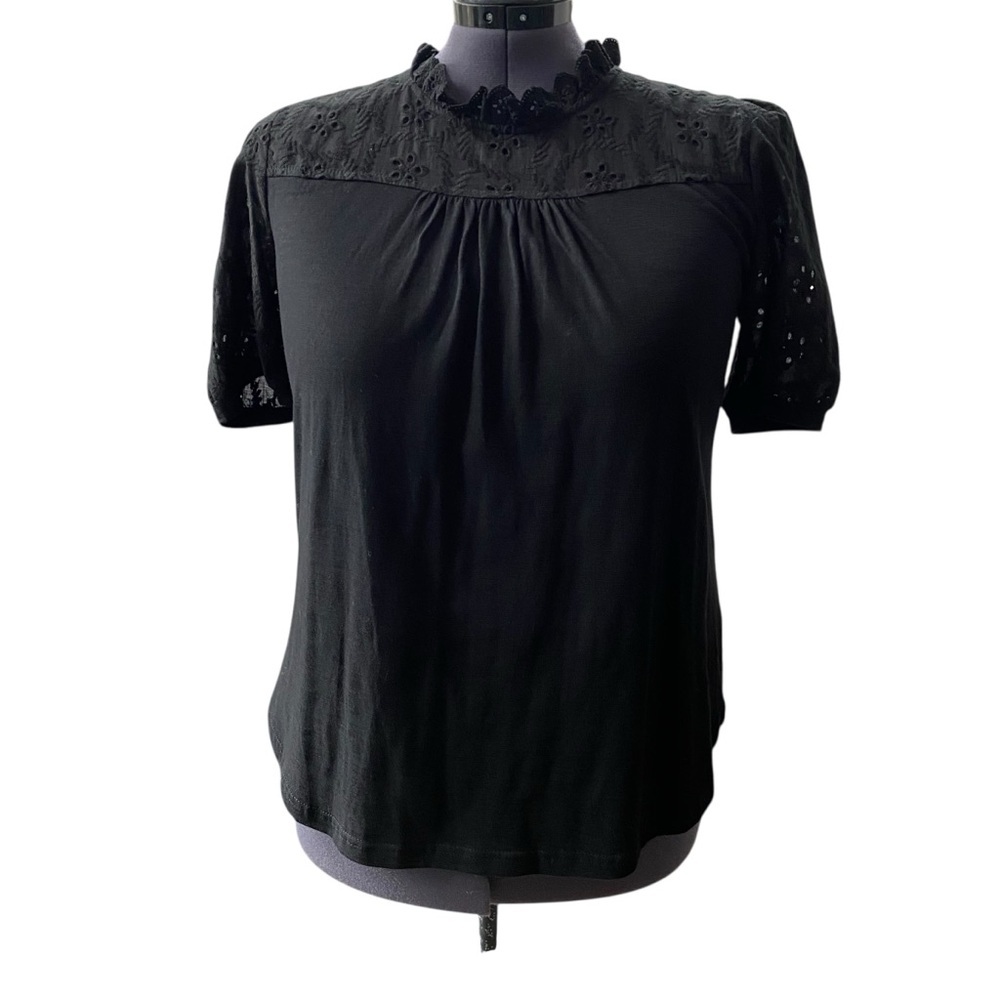 Solitaire Women's XL Solid Black Top with lace, eyelet accents, modest neck NWT
